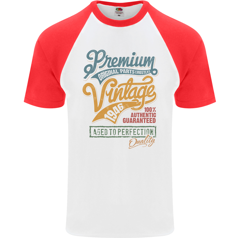 Aged to Perfection 77th Birthday 1946 Mens S/S Baseball T-Shirt White/Red