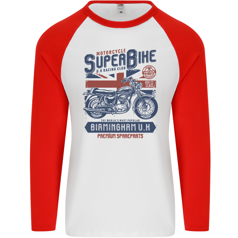Motorcycle Superbike Birmingham U.K. Biker Mens L/S Baseball T-Shirt White/Red