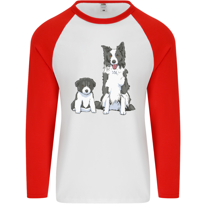 A Border Collie and Puppy Mens L/S Baseball T-Shirt White/Red