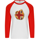 Union Jack Flag Fire Effect Great Britain Mens L/S Baseball T-Shirt White/Red