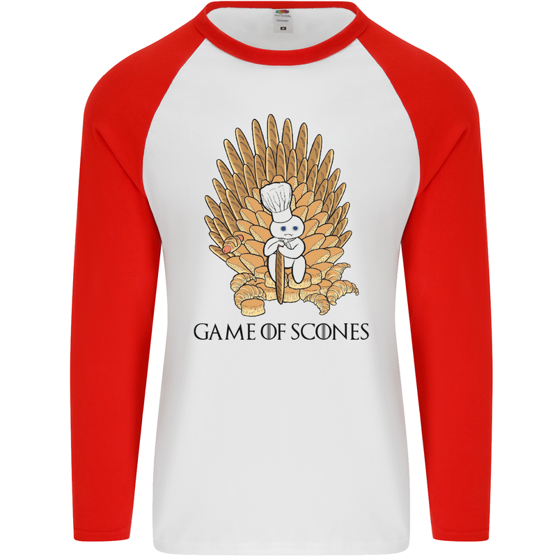 Game of Scones Funny Movie Parody GOT Mens L/S Baseball T-Shirt White/Red