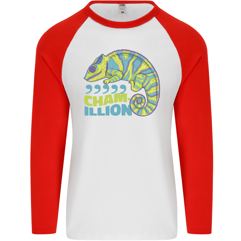 Comma Chameleon Funny Lizard Mens L/S Baseball T-Shirt White/Red
