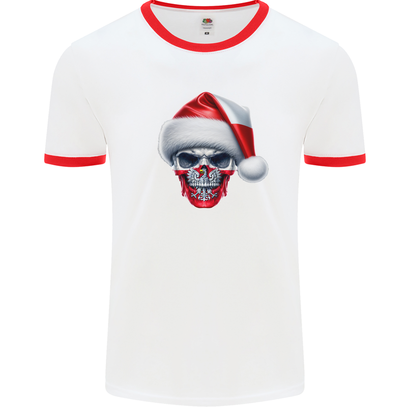 Poland Christmas Skull Xmas Polish Biker Flag Mens Ringer T-Shirt White/Red