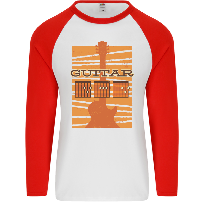 Guitar Bass Electric Acoustic Player Music Mens L/S Baseball T-Shirt White/Red