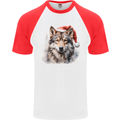 Christmas Wolf Mens S/S Baseball T-Shirt White/Red