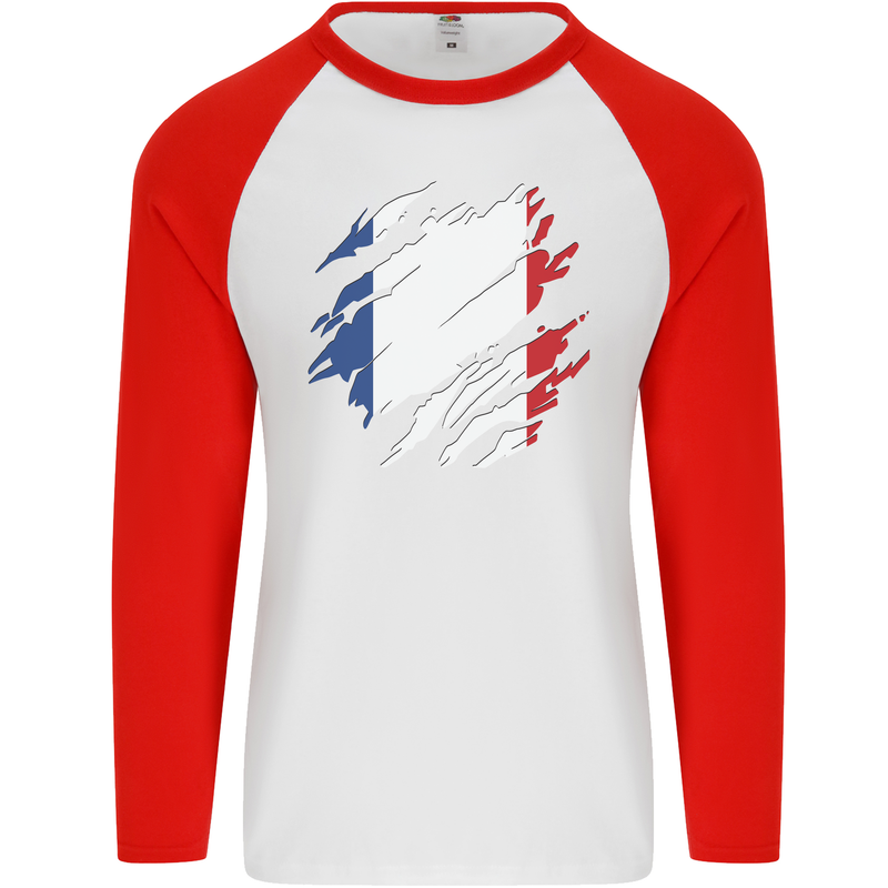 Torn France Flag French Day Football Mens L/S Baseball T-Shirt White/Red