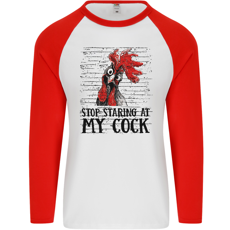 Stop Starring at My Cock Funny Rude Mens L/S Baseball T-Shirt White/Red