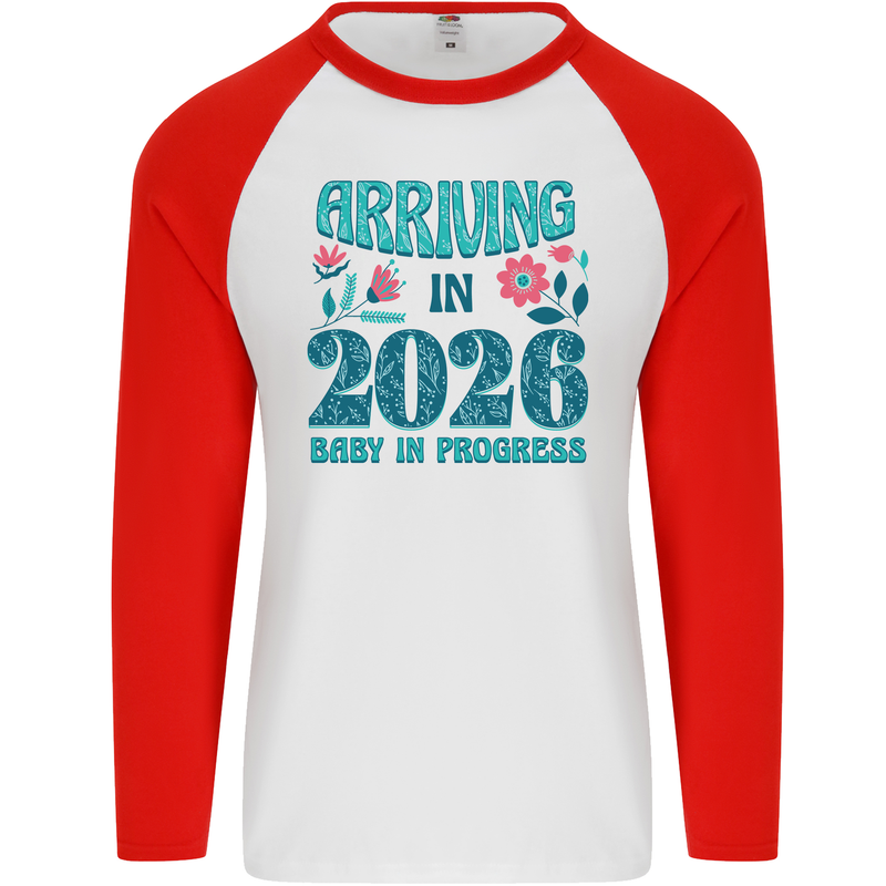 Arriving 2026 New Baby Pregnancy Pregnant Mens L/S Baseball T-Shirt White/Red