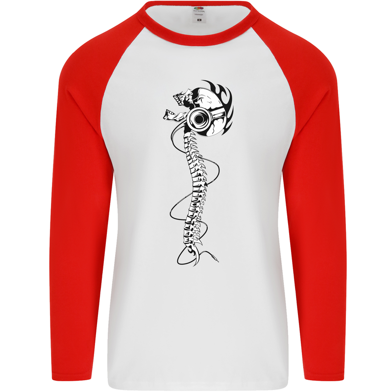 Headphone Wearing Skull Spine Mens L/S Baseball T-Shirt White/Red