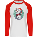 Christmas Cat With Green Background Mens L/S Baseball T-Shirt White/Red