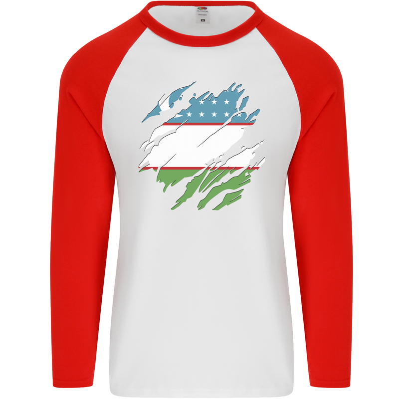 Torn Uzbekistan Flag Ukbek Day Football Mens L/S Baseball T-Shirt White/Red