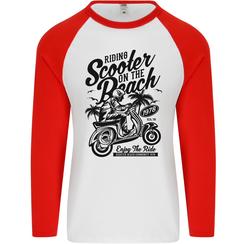 Scooter on the Beach MOD Mens L/S Baseball T-Shirt White/Red