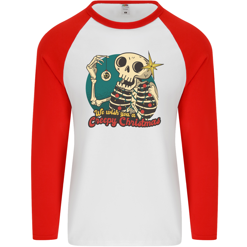 We Wish You a Creepy Christmas Skull Mens L/S Baseball T-Shirt White/Red