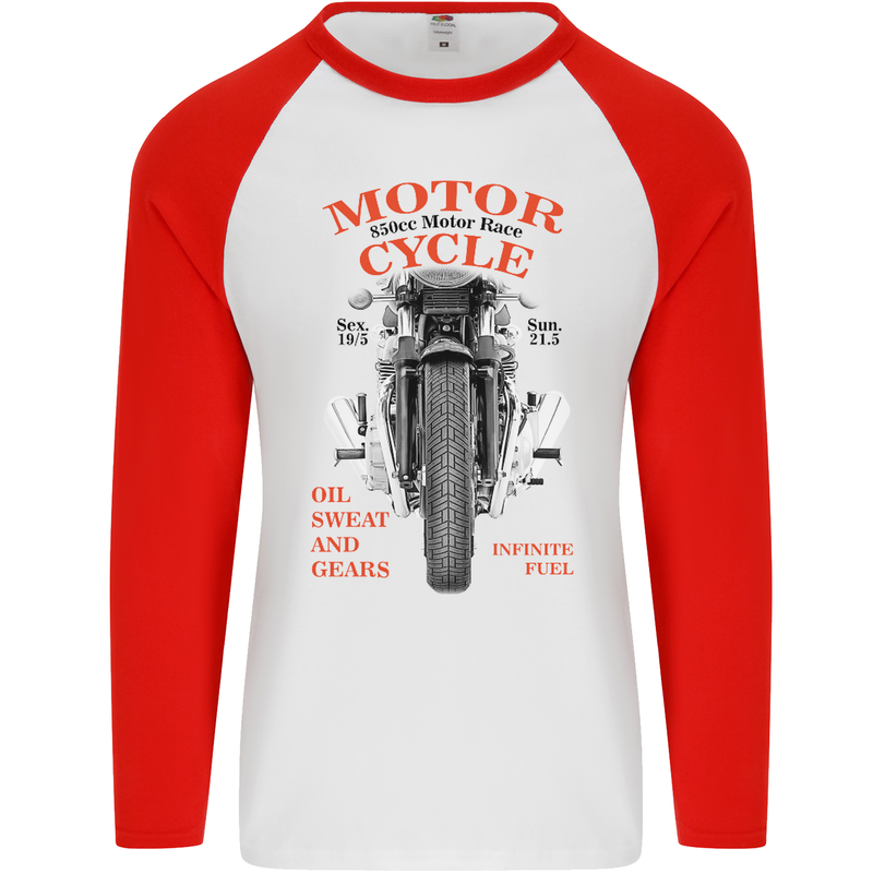 850cc Motor Race Biker Motorcycle Motorbike Mens L/S Baseball T-Shirt White/Red