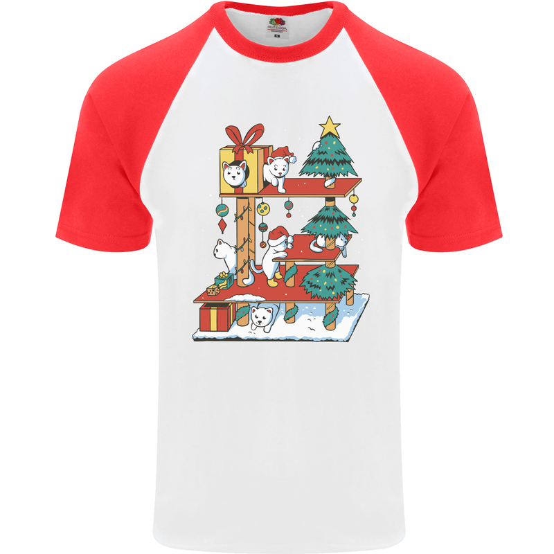 Christmas Cat House Funny Winter Xmas Mens S/S Baseball T-Shirt White/Red