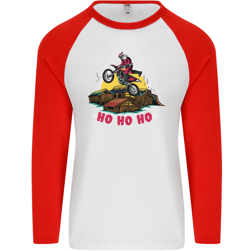 Christmas Santa Motocross Dirt Bike Mens L/S Baseball T-Shirt White/Red