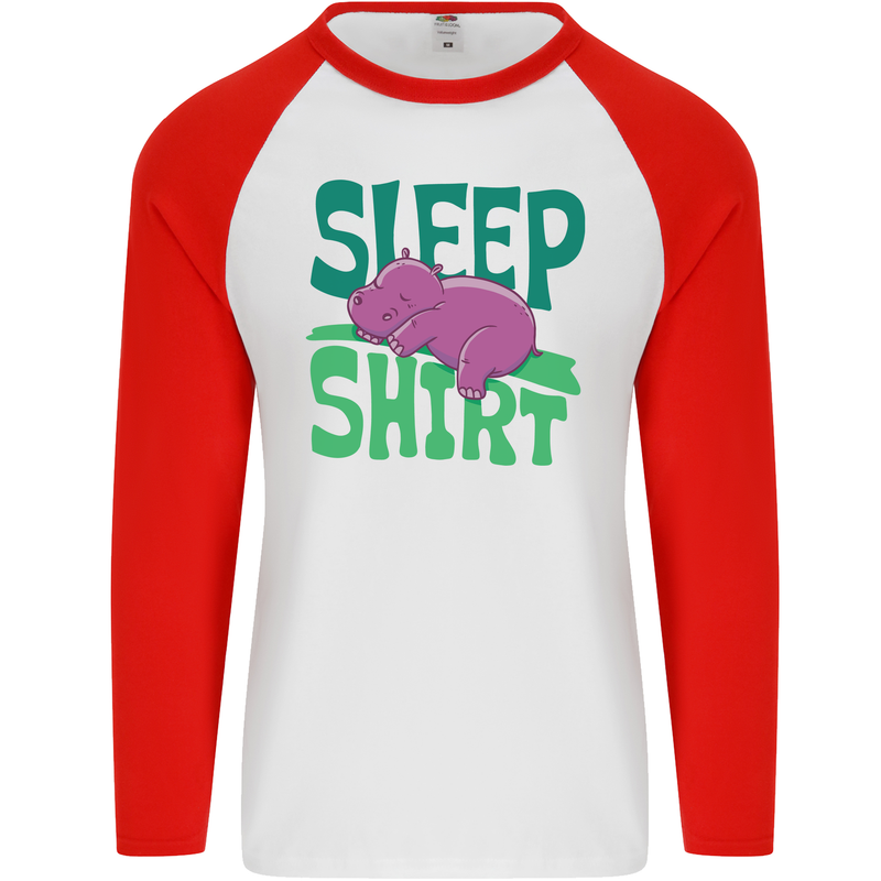 Hippo Sleep Shirt Sleeping Pajamas Mens L/S Baseball T-Shirt White/Red