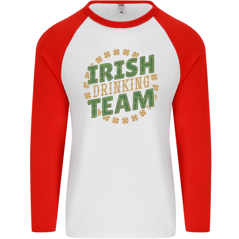 Irish Drinking Team Funny St. Patricks Day Mens L/S Baseball T-Shirt White/Red