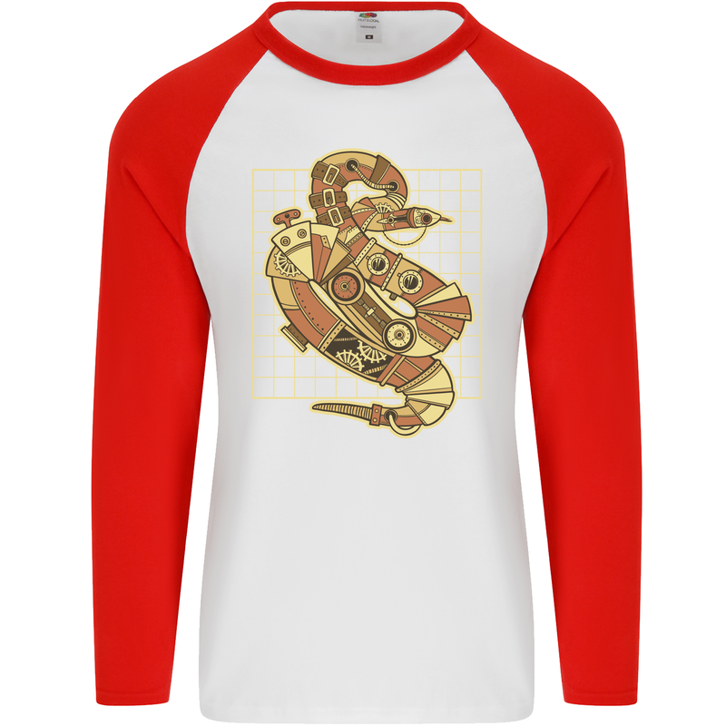 A Steampunk Snake Reptiles Mens L/S Baseball T-Shirt White/Red