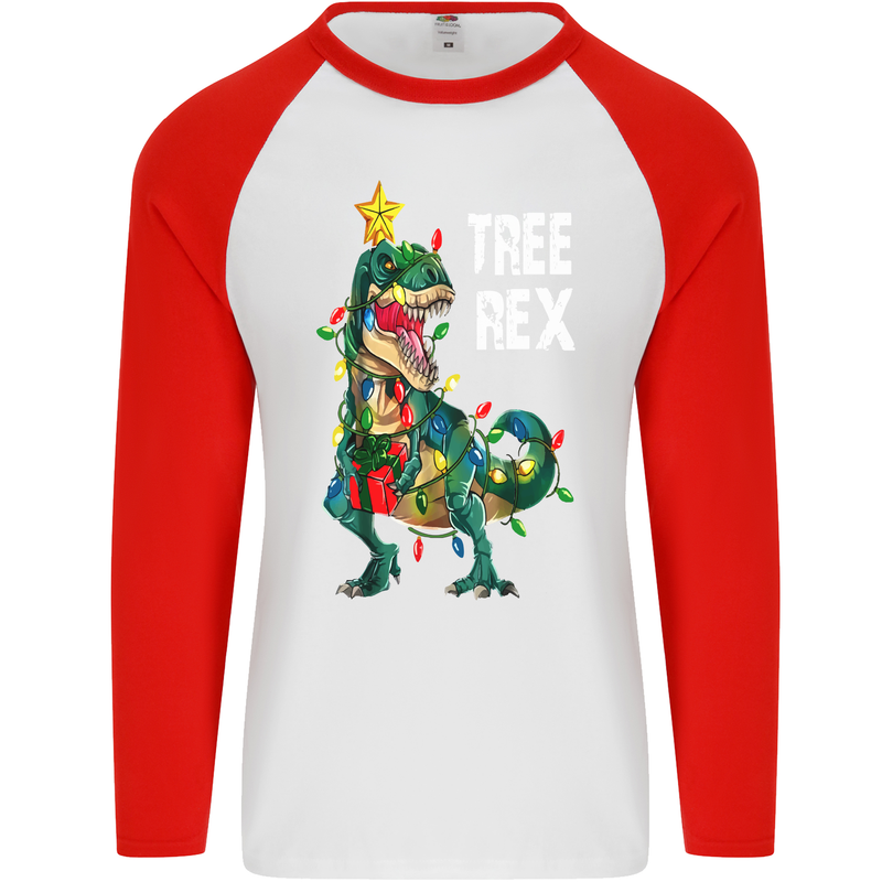 Tree Rex T-Rex Funny Christmas Dinosaur Mens L/S Baseball T-Shirt White/Red