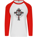 Steampunk Cross Gothic Heavy Metal Biker Mens L/S Baseball T-Shirt White/Red