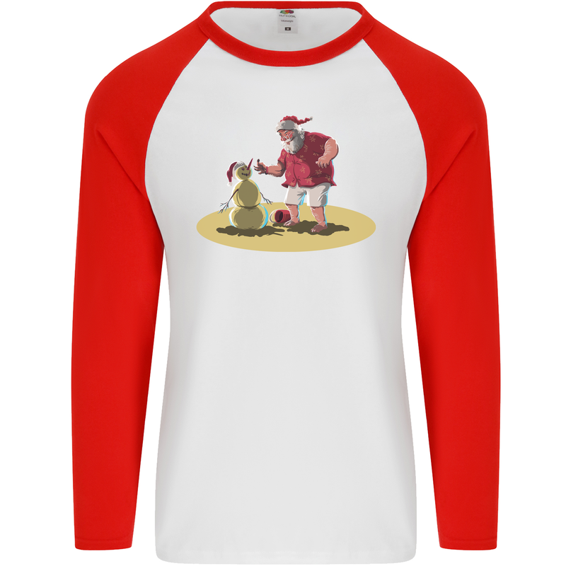 Christmas Beach Santa Clause & Snowman Mens L/S Baseball T-Shirt White/Red