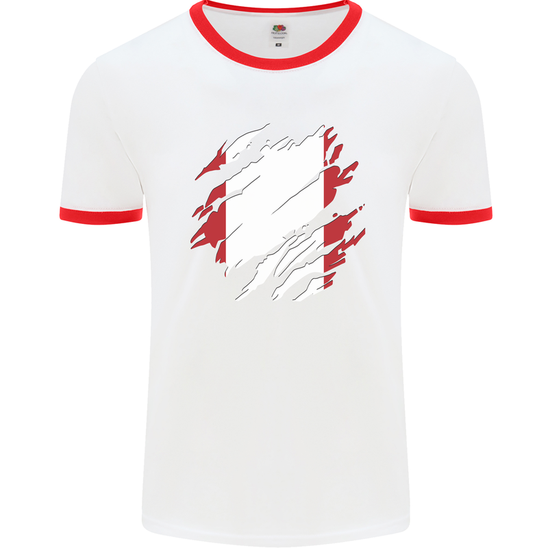 Torn Peru Flag Peruvian Day Football Mens Ringer T-Shirt White/Red