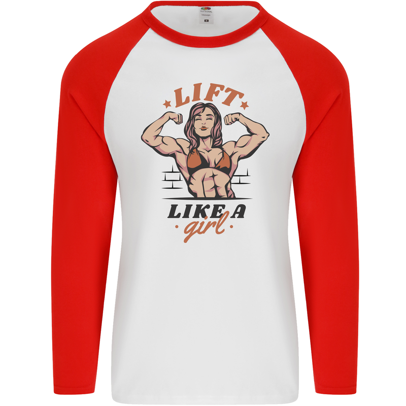 Lift Like a Girl Female Bodybuilding Mens L/S Baseball T-Shirt White/Red