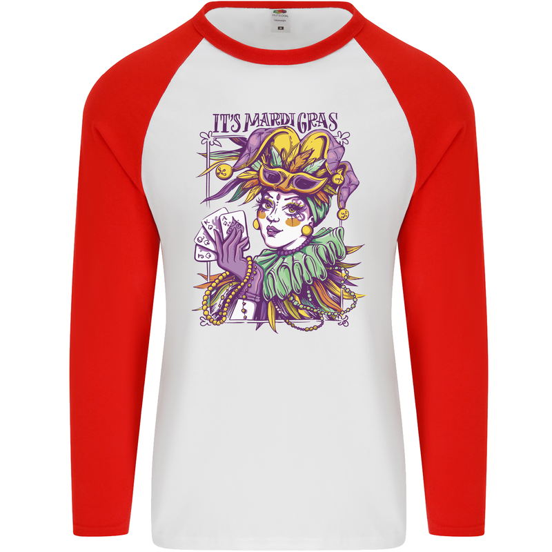 Its Mardi Gras Carnival Mens L/S Baseball T-Shirt White/Red