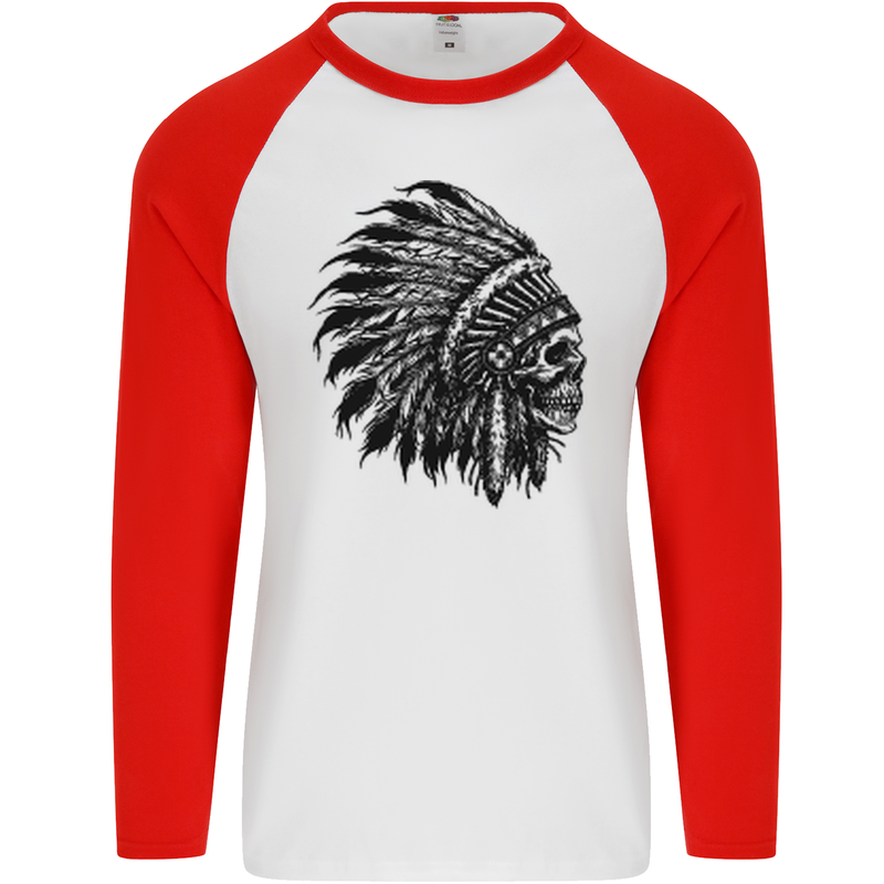 Indian Skull Headdress Biker Motorbike Mens L/S Baseball T-Shirt White/Red