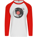 Distressed Vinyl Turntable DJ DJing Mens L/S Baseball T-Shirt White/Red