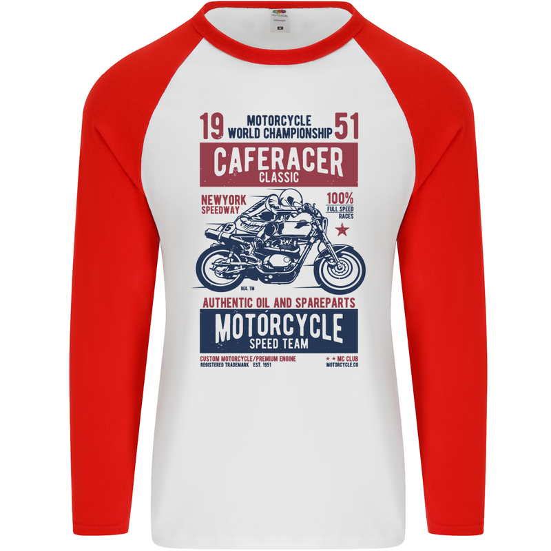 Biker Cafe Racer 1951 Motorbike Motorcycle Mens L/S Baseball T-Shirt White/Red