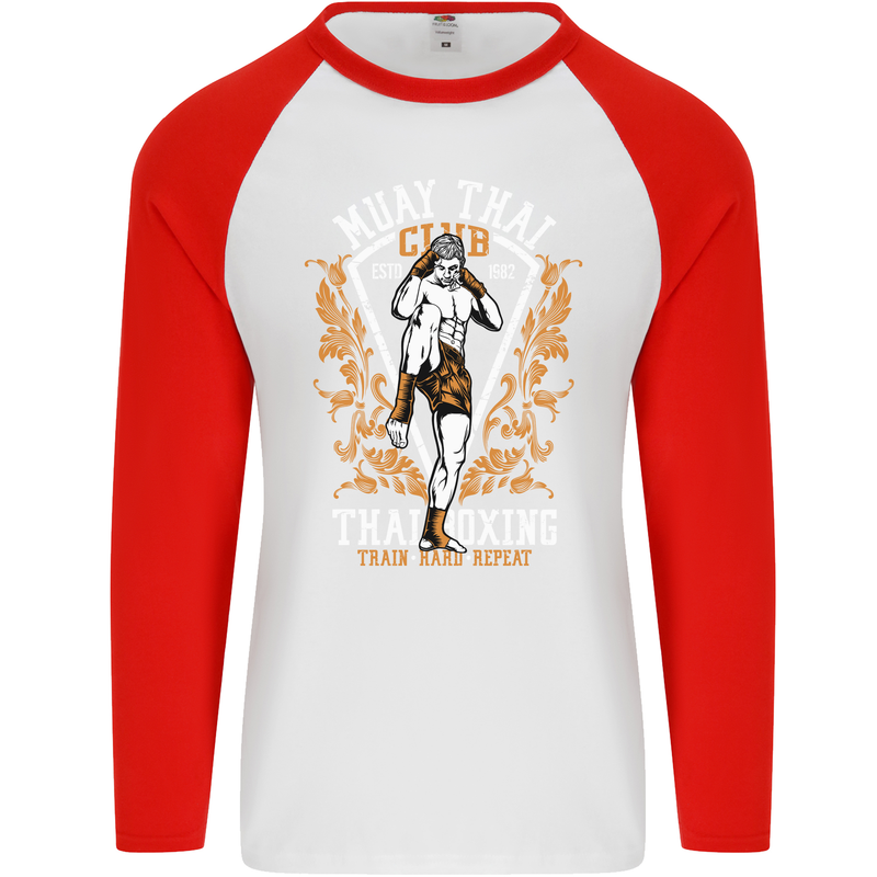 Muay Thai Fighter Warrior MMA Martial Arts Mens L/S Baseball T-Shirt White/Red