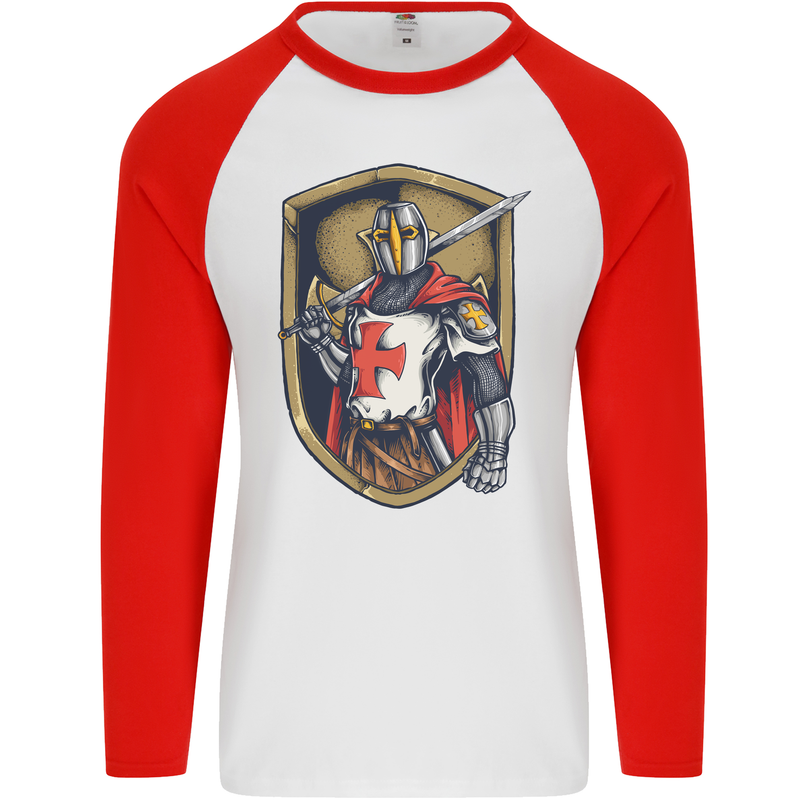 Knights Templar England St Georges Day Mens L/S Baseball T-Shirt White/Red