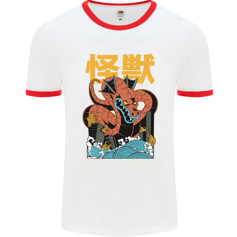 Kaiju Dragon King Ghidorah Japanese Monster Mens Ringer T-Shirt White/Red