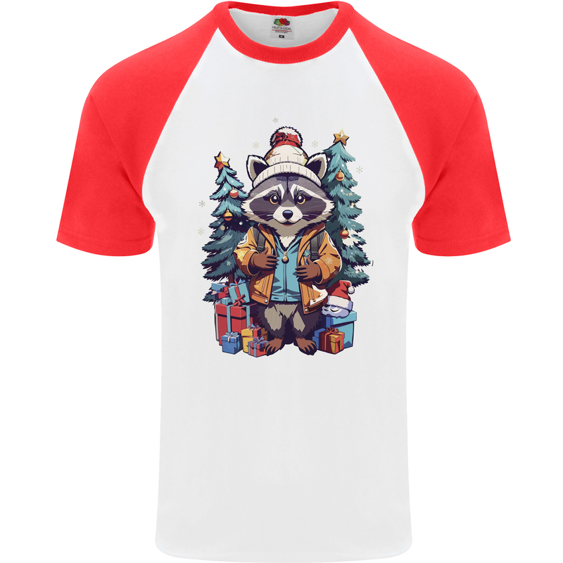 A Cool Christmas Racoon Xmas Mens S/S Baseball T-Shirt White/Red