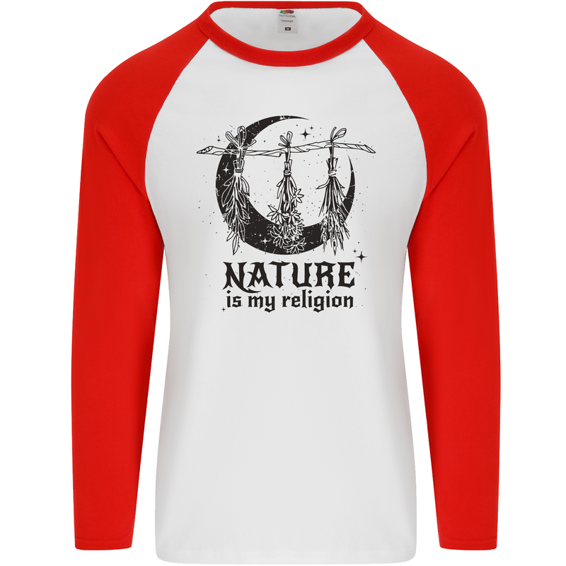 Nature Is My Religion Halloween Witch Mens L/S Baseball T-Shirt White/Red