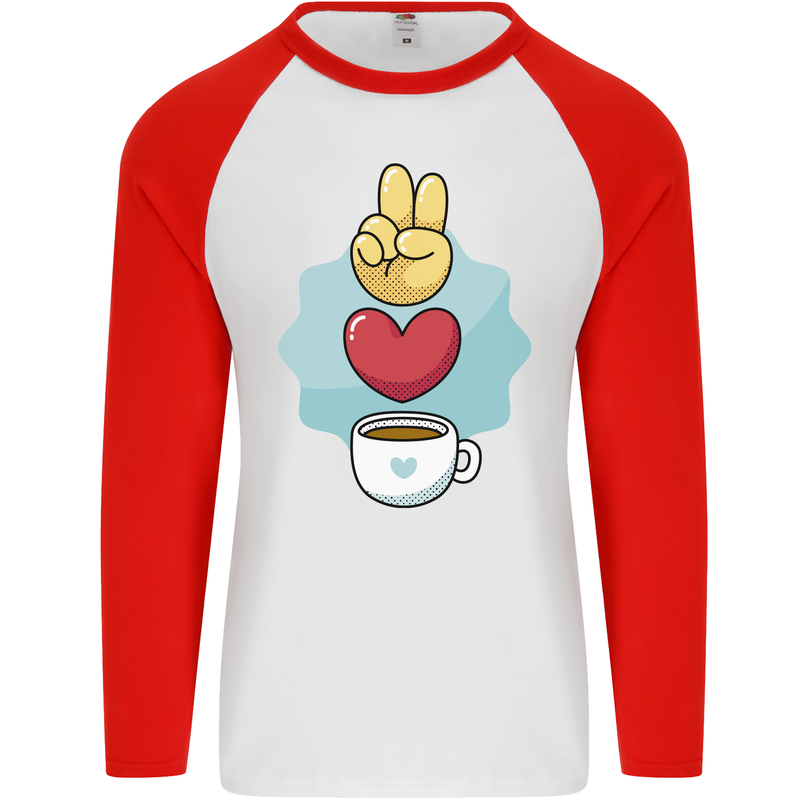 Peace Love Coffee Mens L/S Baseball T-Shirt White/Red