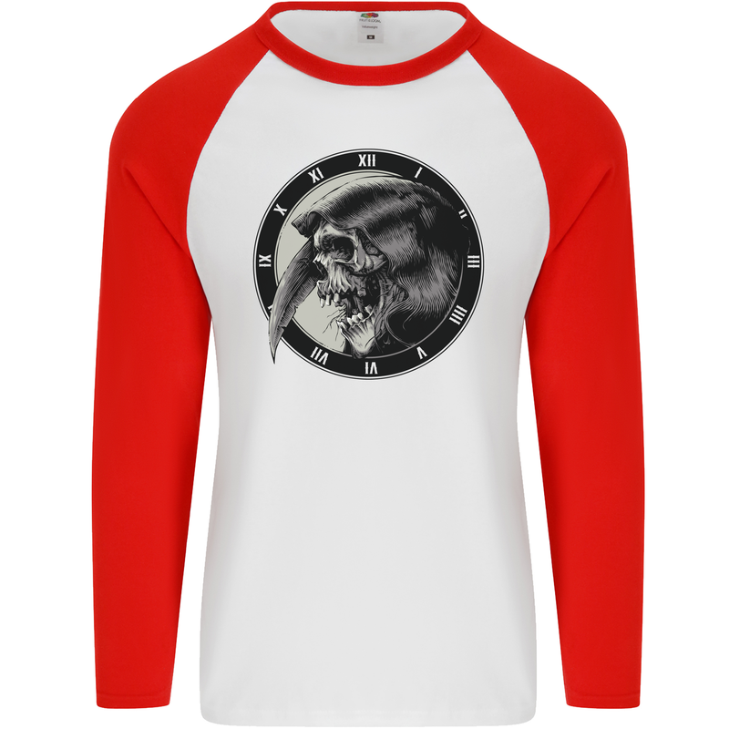 Grim Reaper Clock Skull Biker Gothic Demon Mens L/S Baseball T-Shirt White/Red