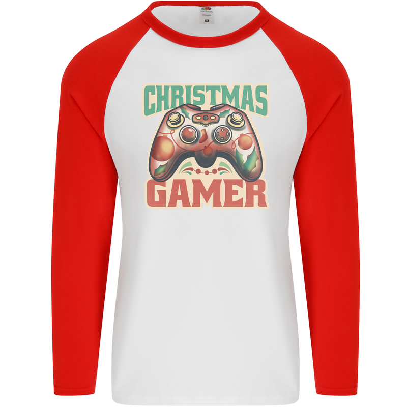 Christmas Gamer Funny Gaming Joypad Mens L/S Baseball T-Shirt White/Red