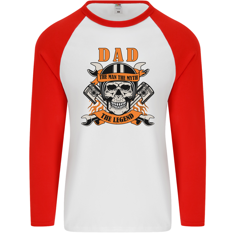 Biker Dad the Man Myth Legend Funny Mens L/S Baseball T-Shirt White/Red