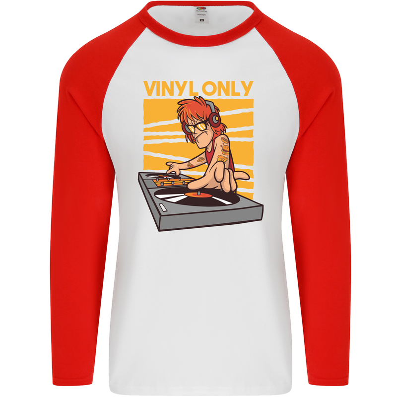 DJ Decks Vinyl Only Funny DJing Turntable Mens L/S Baseball T-Shirt White/Red