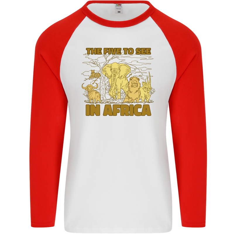 The Five to See in Africa Safari Animals Mens L/S Baseball T-Shirt White/Red