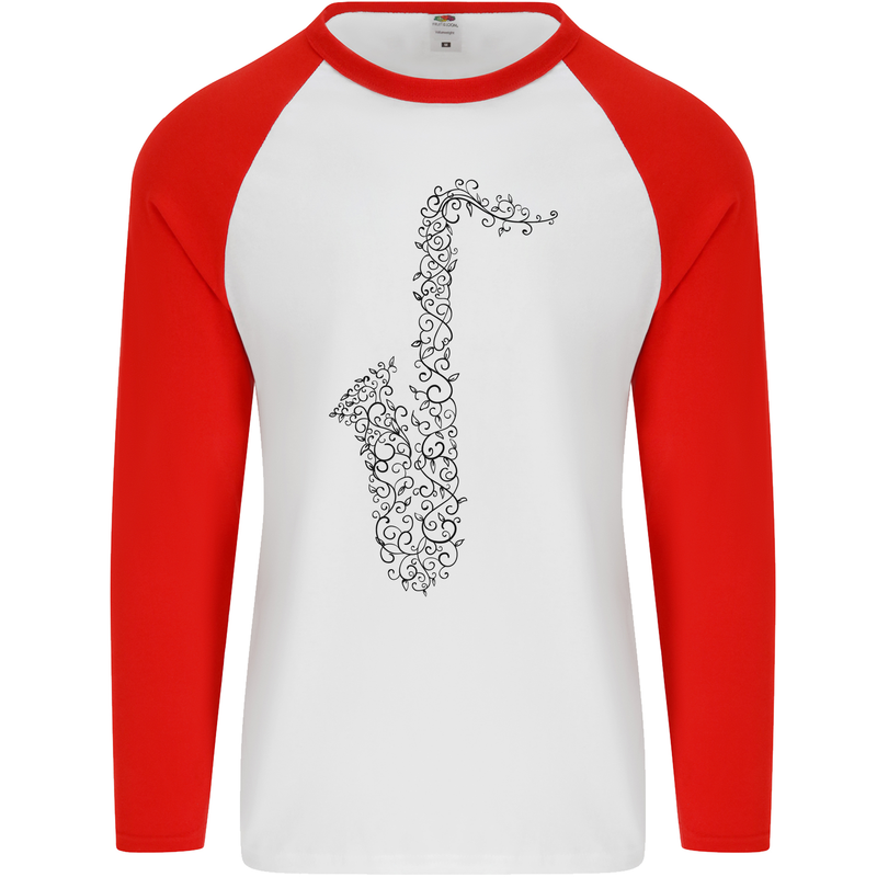 A Saxophone Musical Instrument Brass Band Mens L/S Baseball T-Shirt White/Red