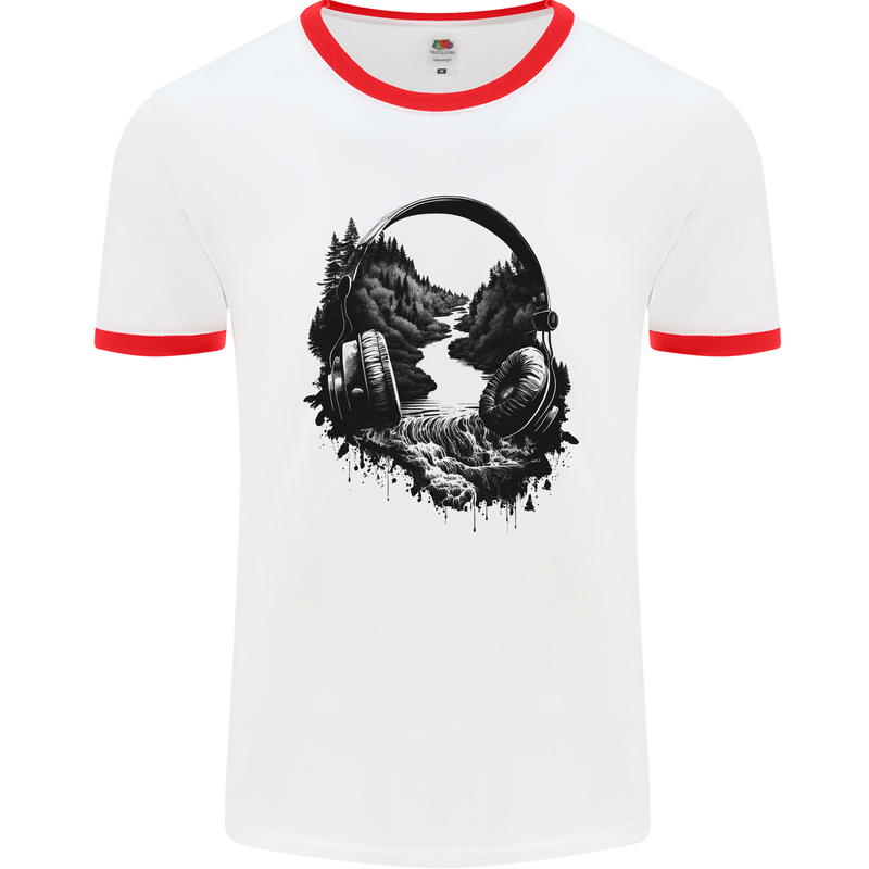 Headphones & Nature Music Trekking Hiking Mens Ringer T-Shirt White/Red