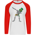 St Patricks Day Dabbing Skeleton Skull Mens L/S Baseball T-Shirt White/Red