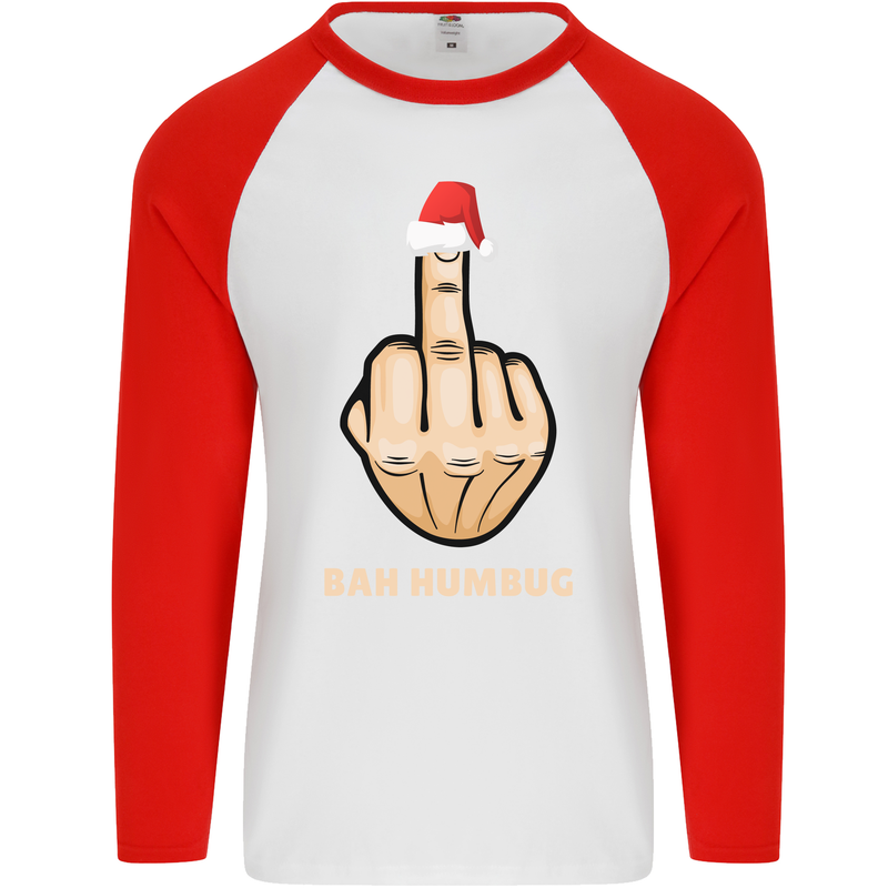 Bah Humbug Finger Flip Funny Christmas Rude Mens L/S Baseball T-Shirt White/Red