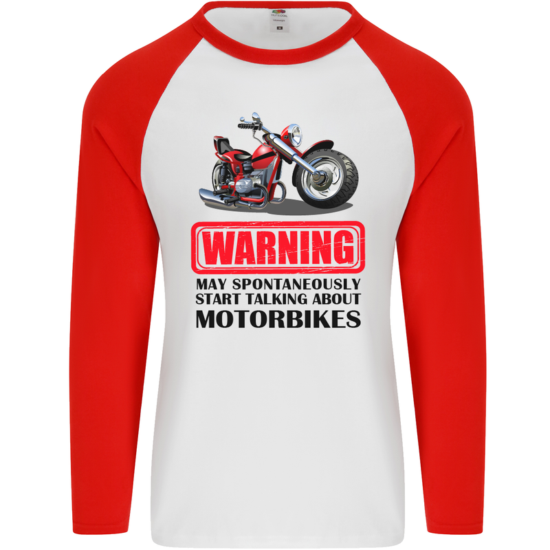 Start Talking About Motorbikes Motorcycle Mens L/S Baseball T-Shirt White/Red