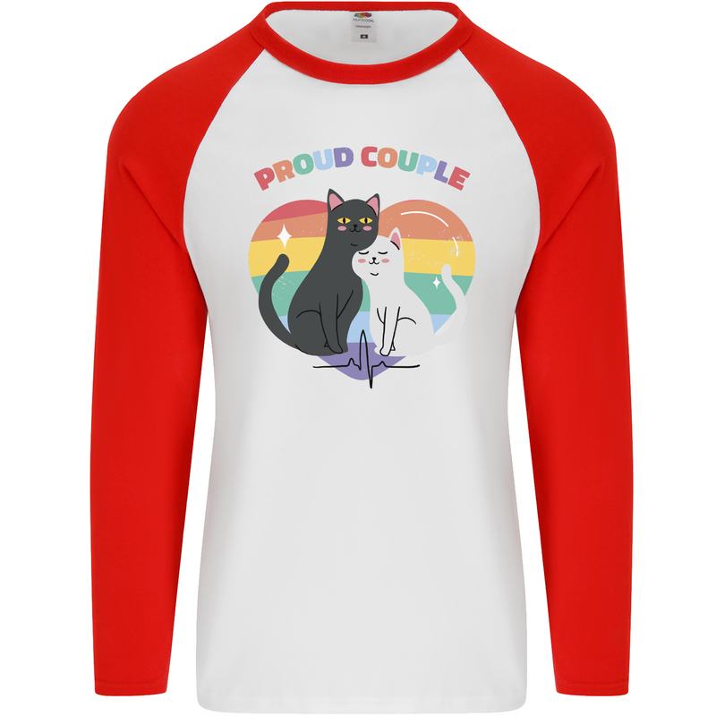 LGBT Proud Couple Funny Gay Cats Mens L/S Baseball T-Shirt White/Red