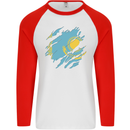 Torn Kazakhstan Flag Kazakh Day Football Mens L/S Baseball T-Shirt White/Red